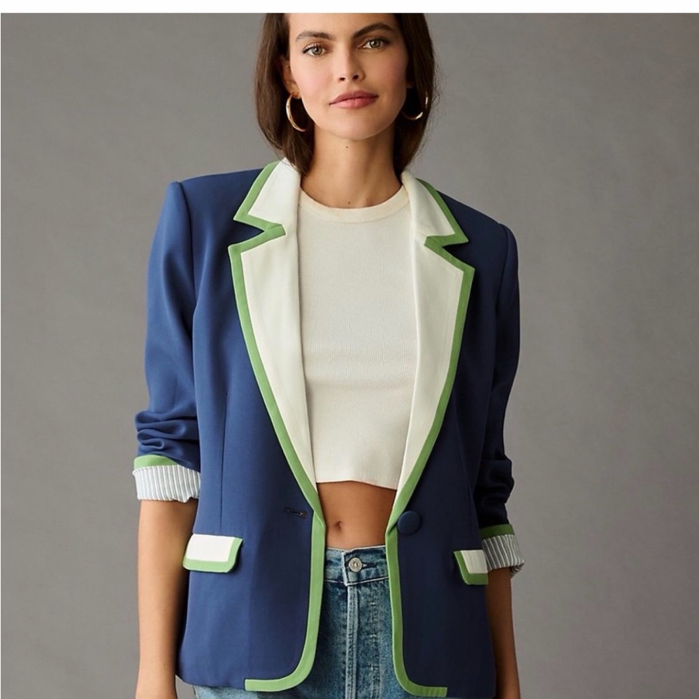 NWT Anthropologie Maeve French Blue Blazer with Green and White Trim